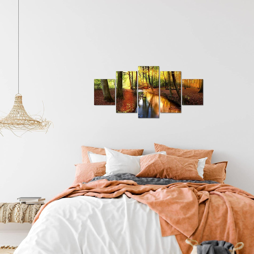 Runa Art Wandbilder Wald Landschaft 5 Teilig Bild auf Vlies Leinwand Deko Schlafzimmer Wohnzimmer Fl