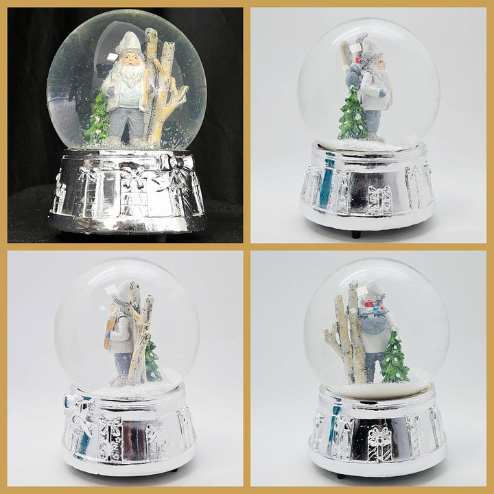 Schneekugel Weihnachten Spieluhr | Wichtel grau weiss im Winterwald | Sockel Silber | Höhe: 140mm, B
