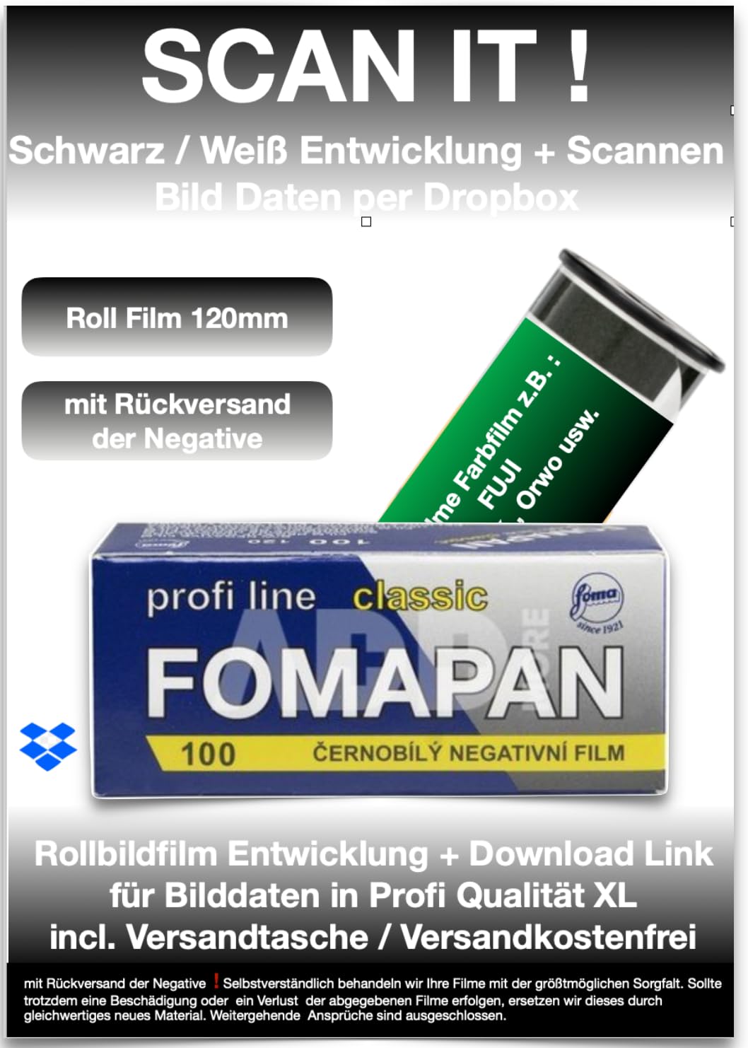 100ASA B+W Rollfilm 120mm + Filmentwicklung + Scann mit Rückversand der Negative