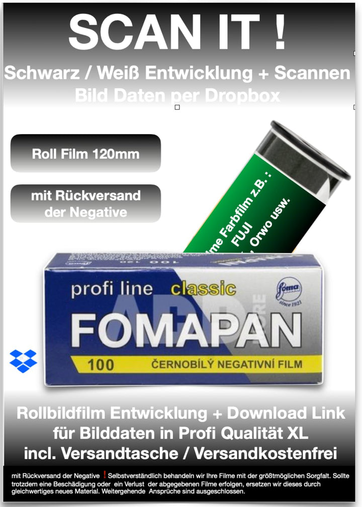 100ASA B+W Rollfilm 120mm + Filmentwicklung + Scann mit Rückversand der Negative