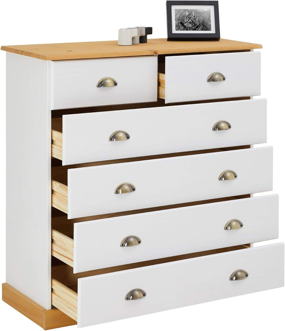 IDIMEX Schubladenschrank Paris aus Kiefer massiv in weiss/braun, Kommode mit Muschelgriffe, Apotheke