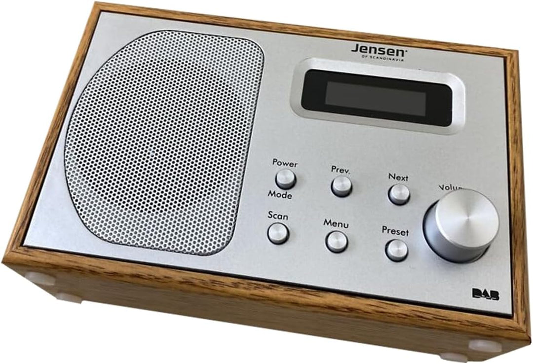 Jensen Fox Wood Mono Radio | Kompaktes, tragbares FM/DAB Küchenradio für Zuhause und Unterwegs mit W