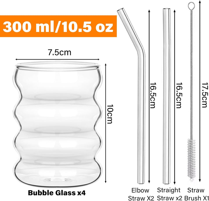 Withosent 300ml Bubble Gläser mit Strohhalm, 4er Gerippte Trinkgläser Set, Wave Gläser Tumbler Glasb