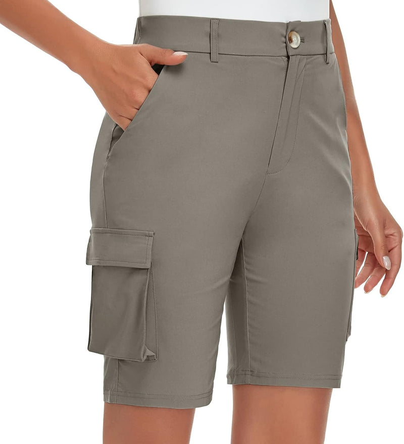 Soneven Stretch Damen Bermuda Shorts High Waist Leichte Cargo Shorts Wanderhose Kurz Zip Off mit Rei