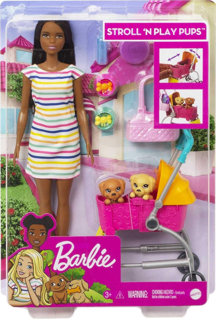 Barbie GHV93 Hundebuggy Spielset Puppe, 2 Hündchen und Wagen für die Hündchen Verschiedene Farben Si