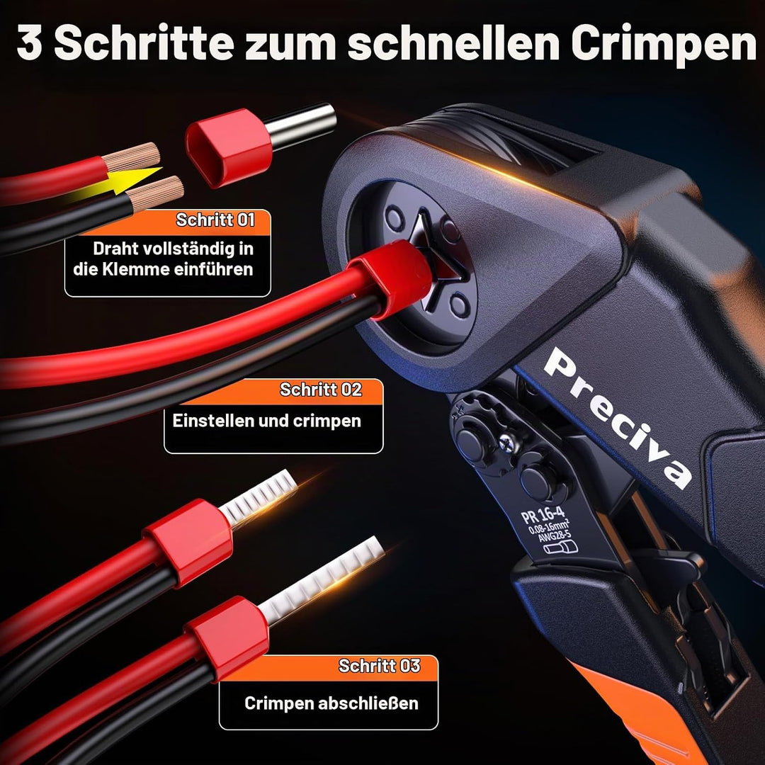 Preciva Crimpzange Set, 0,08–16 mm² Aderendhülsenzange mit 1520 Aderendhülsen. Mit zwei Metalllängen