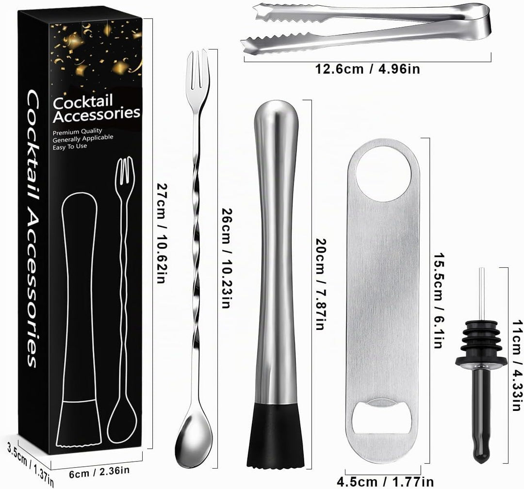 Professionelles Cocktail Set (6-teilig), Edelstahl Stampfer, Cocktail Stössel,Barlöffel Lang,messbec