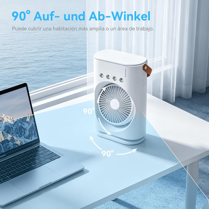 Tragbarer Sprühnebel Tischventilator 350ml Tank,4 Sprühdüsen,3 Windstufen,90° Doppel-Schwenk,3 Taste