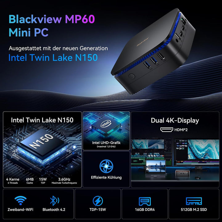 Blackview MP60 Mini PC W-11 Pro,Intel Twin Lake N150 (Aufgerüstet N100, bis zu 3.60 GHz), 16GB RAM 5