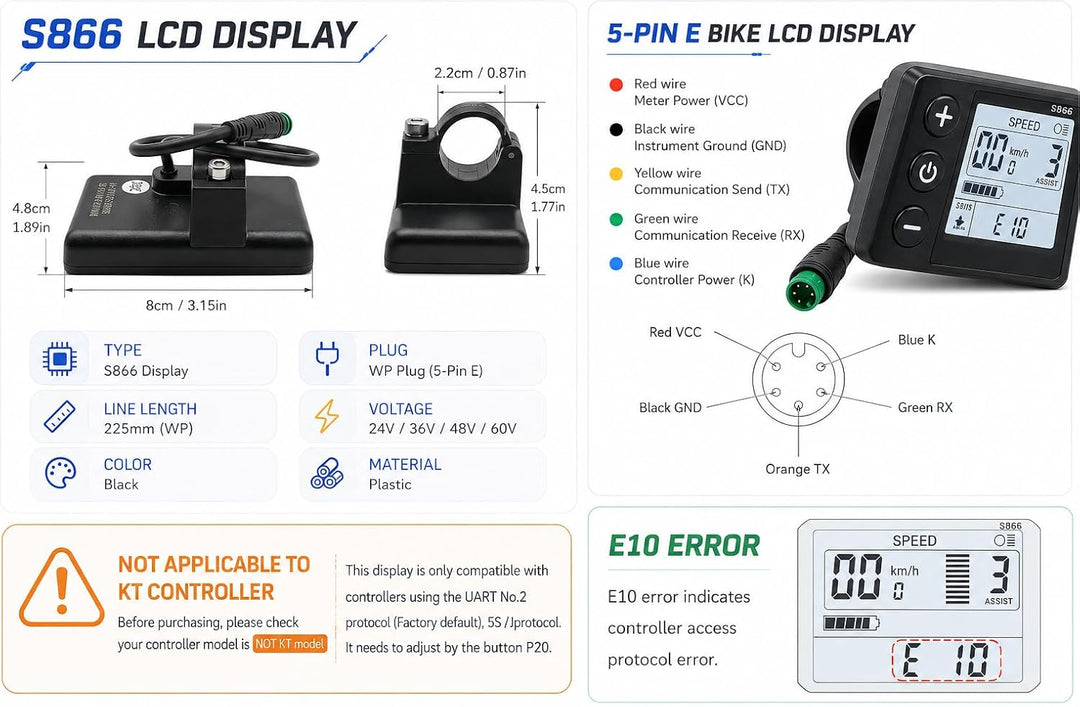 Ausi Elektrofahrrad S866 LCD-Anzeigemessgerät, ABS 24 V 36 V 48 V wasserdichtes Fahrrad-Bedienfeld m