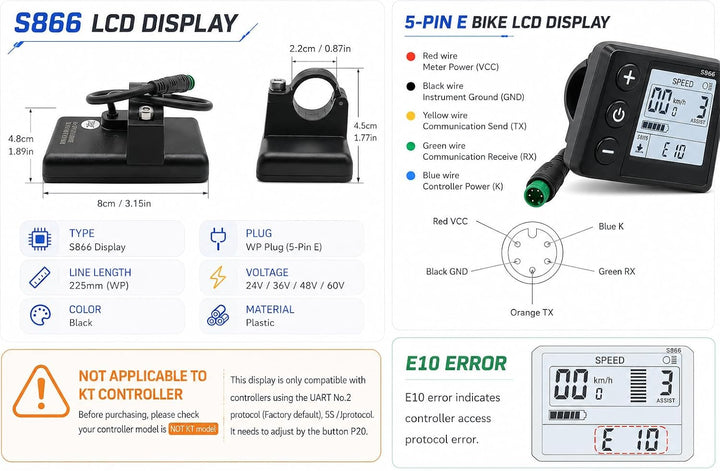 Ausi Elektrofahrrad S866 LCD-Anzeigemessgerät, ABS 24 V 36 V 48 V wasserdichtes Fahrrad-Bedienfeld m