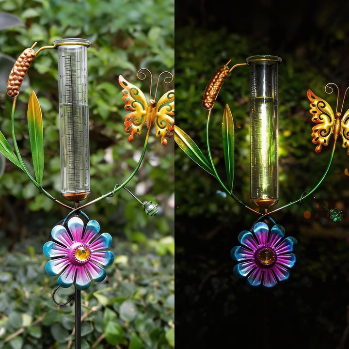 HOSPAOP Solar Regenmesser für Garten mit Erdspiess und LED, Niederschlagsmesser Frostsicher Glas für