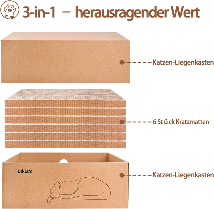 6 STK. Kratzbretter mit 2 Boxen, 43.5×33.5×15.5cm Kratzpappe für Katzen mit hochwertiger Karton, 6 S