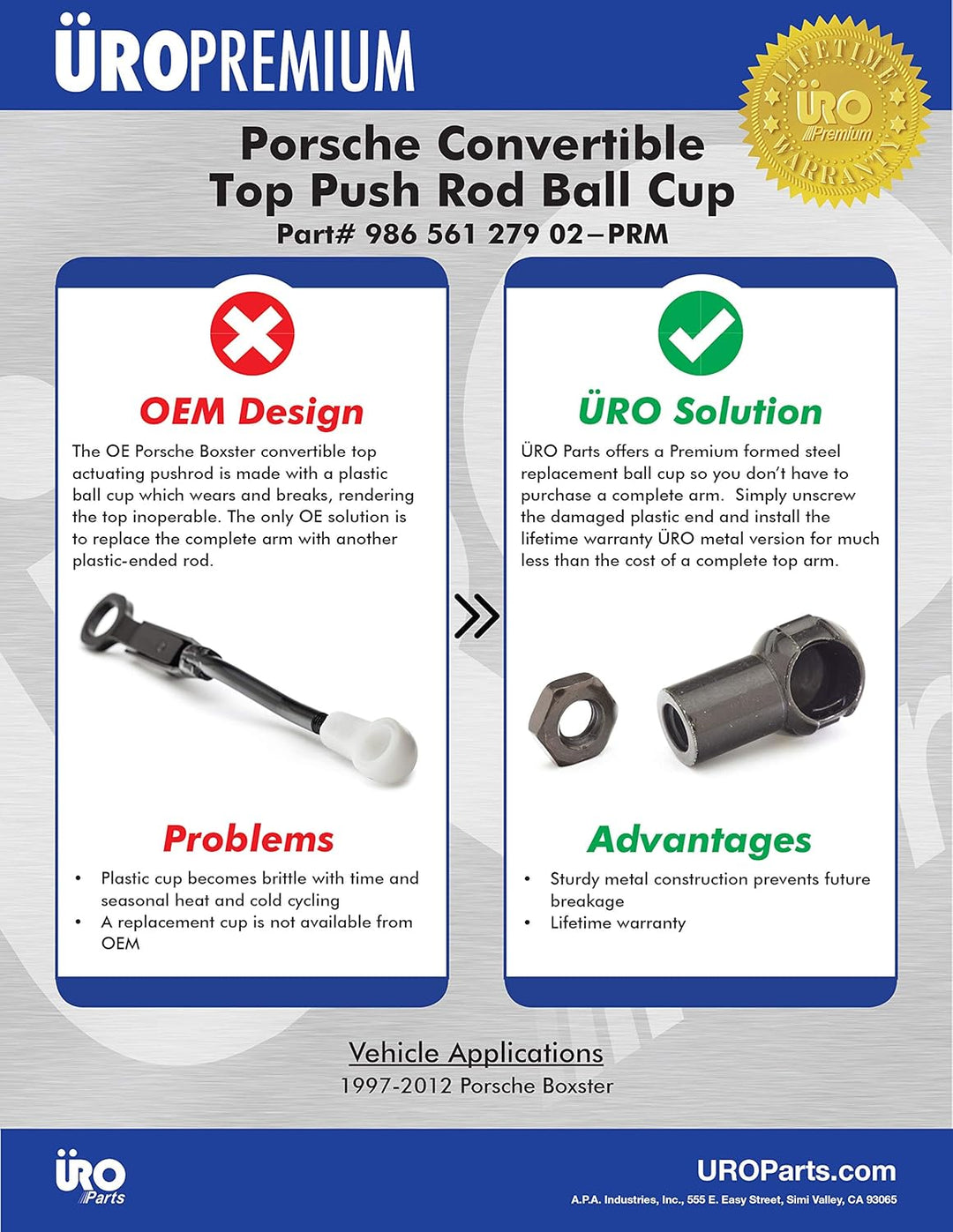 URO Parts 986 561 279 02-PRM HD Cabrio Top Arm End