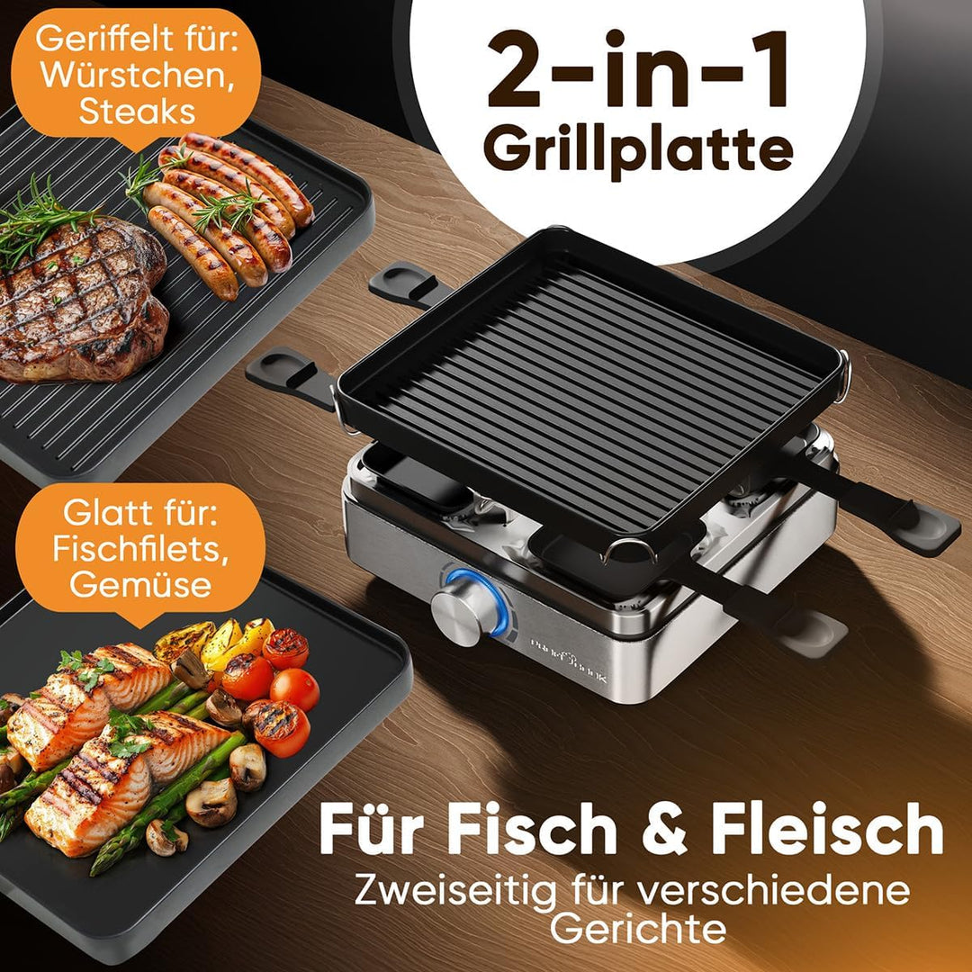 ProfiCook® Raclette 4 Personen | inkl. 4 Pfännchen und 4 Holzspachtel | Wendegussplatte für gleichmä