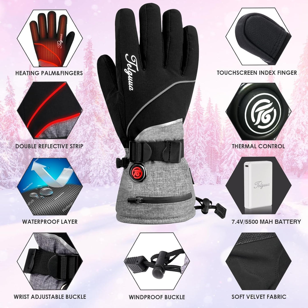 Telguua Beheizbare Handschuhe Wasserdicht mit 7.4V 5500mAh Akku für Herren Damen,3 Temperaturstufen/