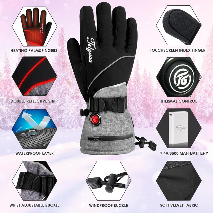 Telguua Beheizbare Handschuhe Wasserdicht mit 7.4V 5500mAh Akku für Herren Damen,3 Temperaturstufen/