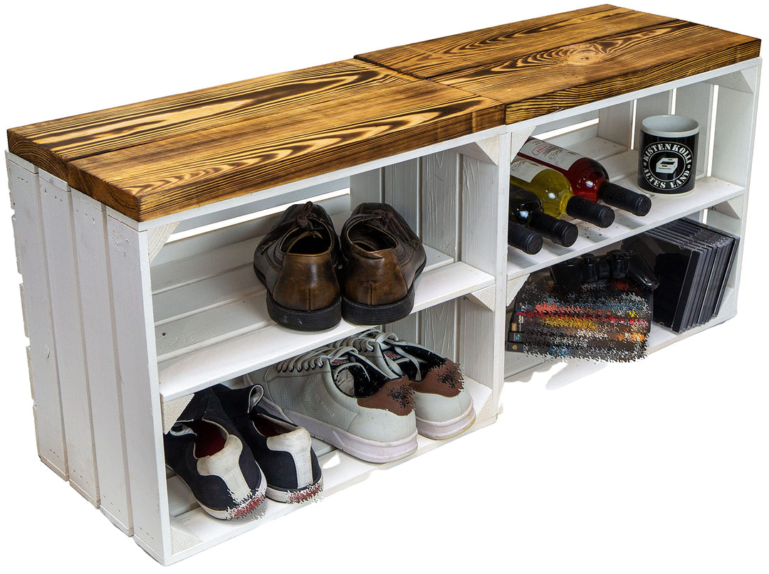 Kistenkolli Altes Land 2er Set Obstkiste aus Holz &amp; Holzplanken Schuhschrank Hocker Sitzbank Weinabl
