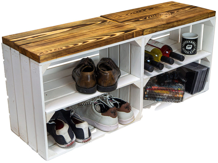 Kistenkolli Altes Land 2er Set Obstkiste aus Holz &amp; Holzplanken Schuhschrank Hocker Sitzbank Weinabl