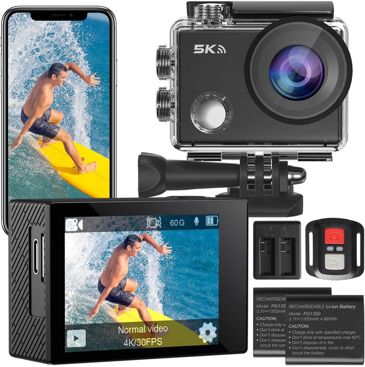 Action Cam, 5K30FPS 30MP Action Cam 40M Unterwasserkamera wasserdichte WiFi 170° Ultra-Weitwinkel EI