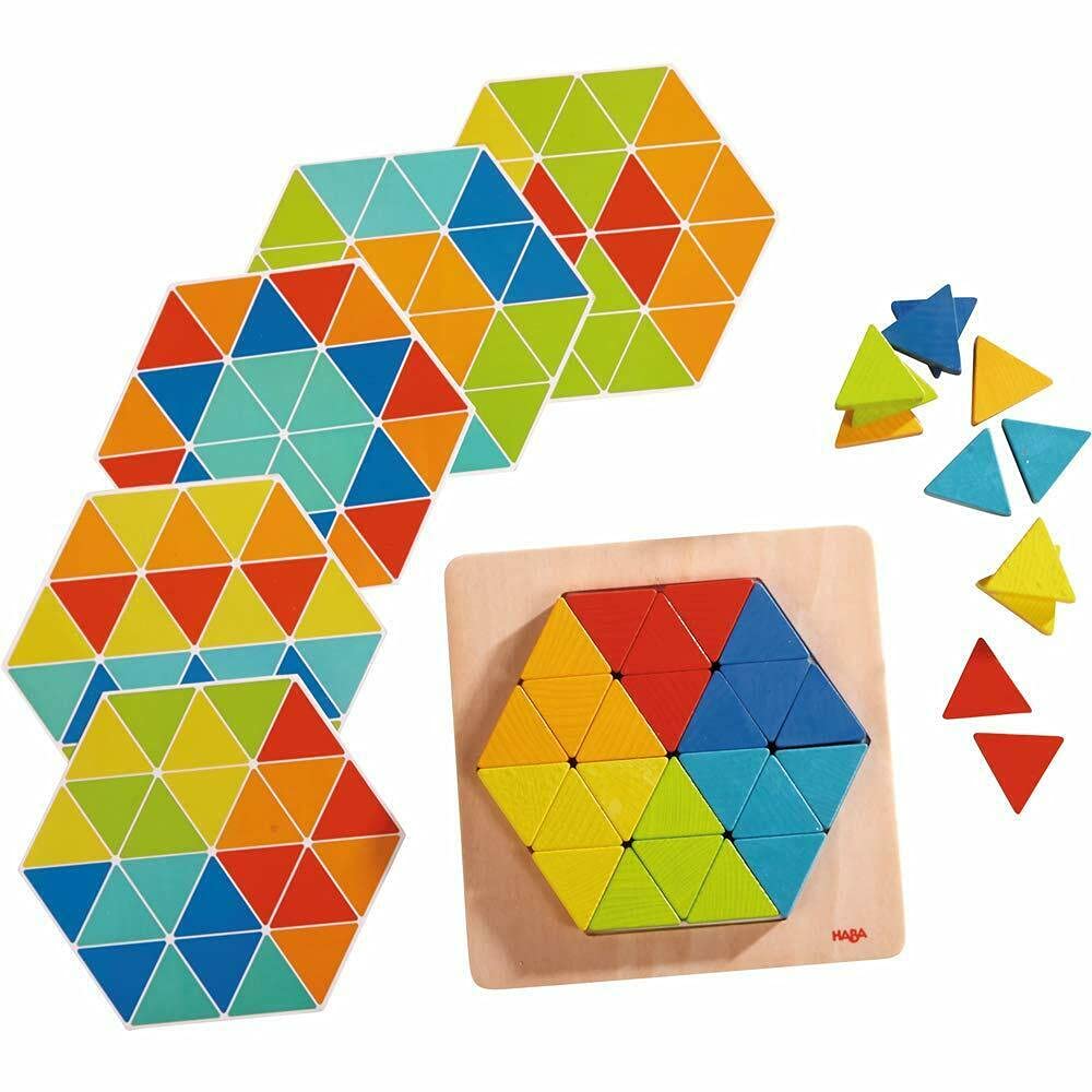 HABA 301703 - Legespiel Zauberdreiecke, Mit 36 Dreicken und 6 doppelseitig bedruckten Vorlagenblätte