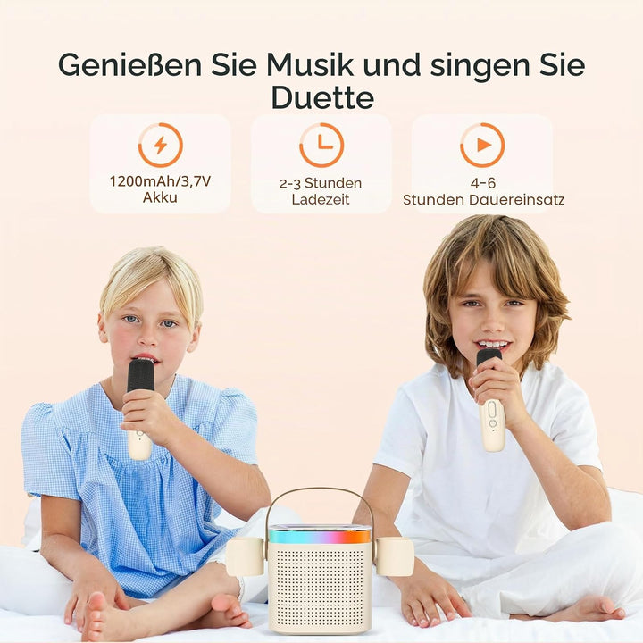 Mini Karaoke Maschine mit 2 Mikrofones, Kreative Musik Lautsprecher mit Mic Halter für Kinder Erwach
