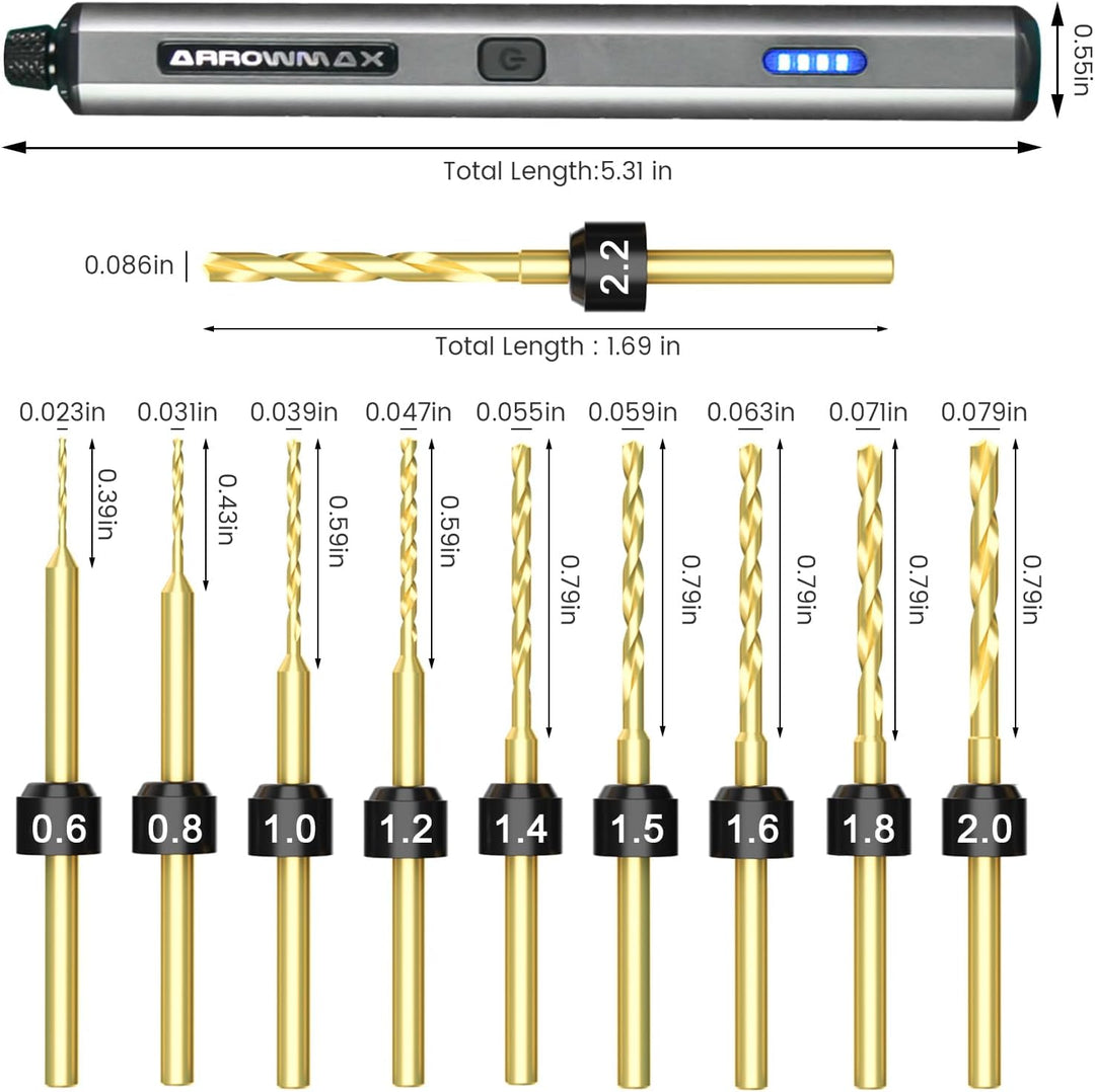 ARROWMAX Mini Handbohrer Elektrisch - 10-tlg Präzisionsbohrer Set mit Vorwärts- & Rückwärtslauf, 800