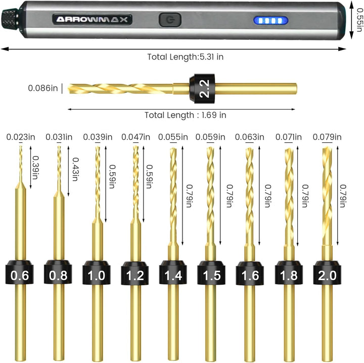 ARROWMAX Mini Handbohrer Elektrisch - 10-tlg Präzisionsbohrer Set mit Vorwärts- & Rückwärtslauf, 800