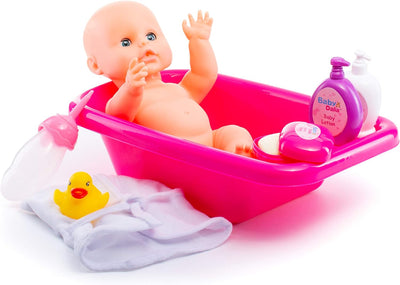 Prextex 8 Stück Puppe Bad Set mit Puppe, Badewanne, Bademantel und Badezubehör - Baby Dalia Puppe Ba