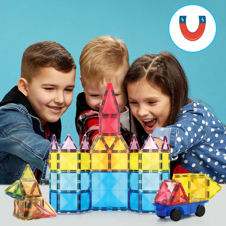 PicassoTiles Magnetische Bausteine in Diamantform, 63 Stück – Fliesenblöcke mit Auto und LKW – Set d