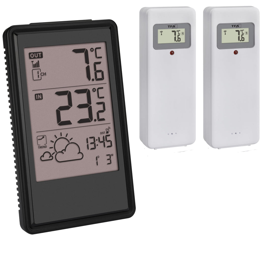 TFA 35.1170.01.Spezial Funkwetterstation 2 Aussensender Funkuhr mit Datum Wettertendenz Weckalarm (s