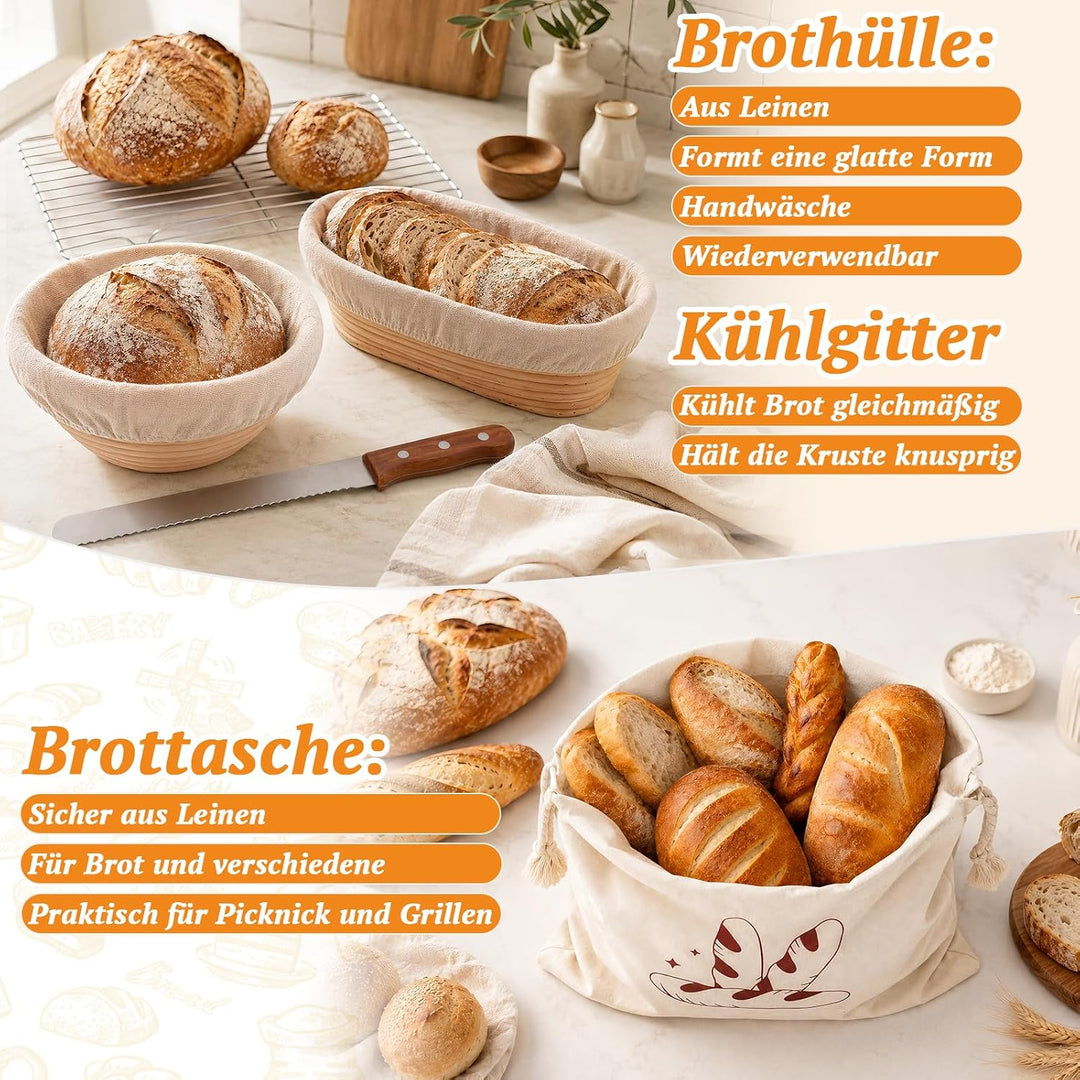 Sauerteig Starter Set mit 2 Gärkörbchen, Brotbackzubehör für Hobbybäcker | Brot Gärkorb Set mit Gärk