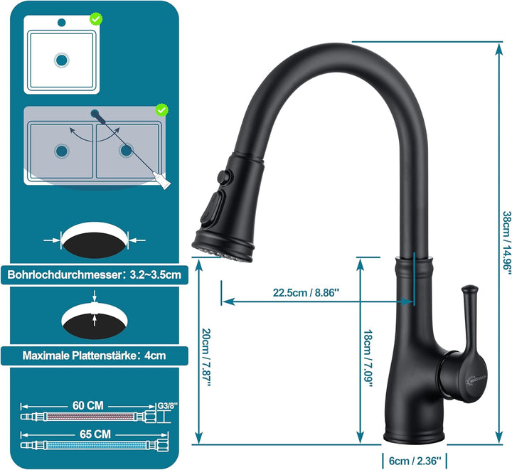 Wasserhahn Küche Schwarz, Küchenarmatur ausziehbar mit Brause, Hochdruck Armatur Küche, Mischbatteri