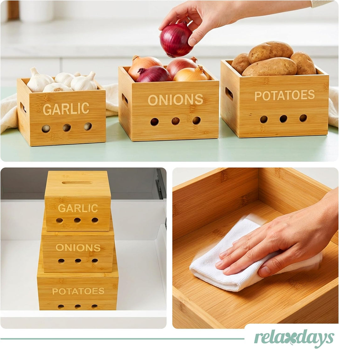 Relaxdays Aufbewahrungsboxen, 3 Grössen, Kartoffelaufbewahrungsbox, Zwiebelbox, Knoblauchbehälter, K