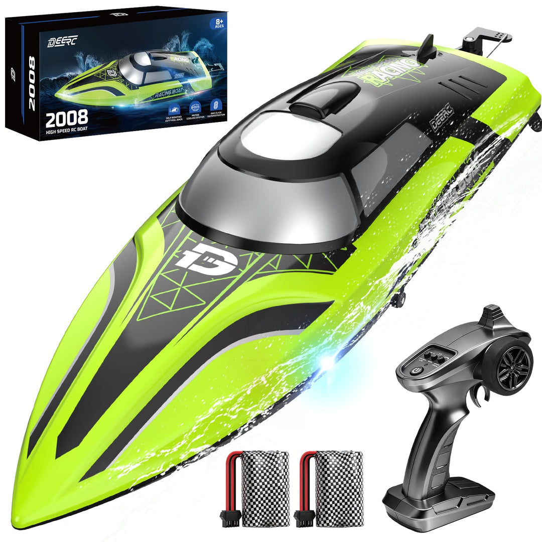 DEERC RC Boot mit LED-Licht, ferngesteuertes, für Pools und Seen, 20+ km/h, 2,4-GHz-Rennboote mit 2