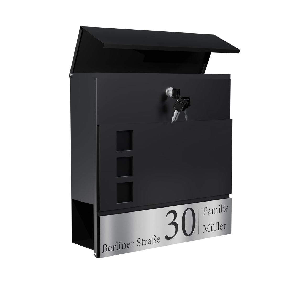 Bl4ckPrint Personalisierter Briefkasten mit Zeitungsfach Anthrazit Inkl. 4 Schlüssel - Postkasten pe