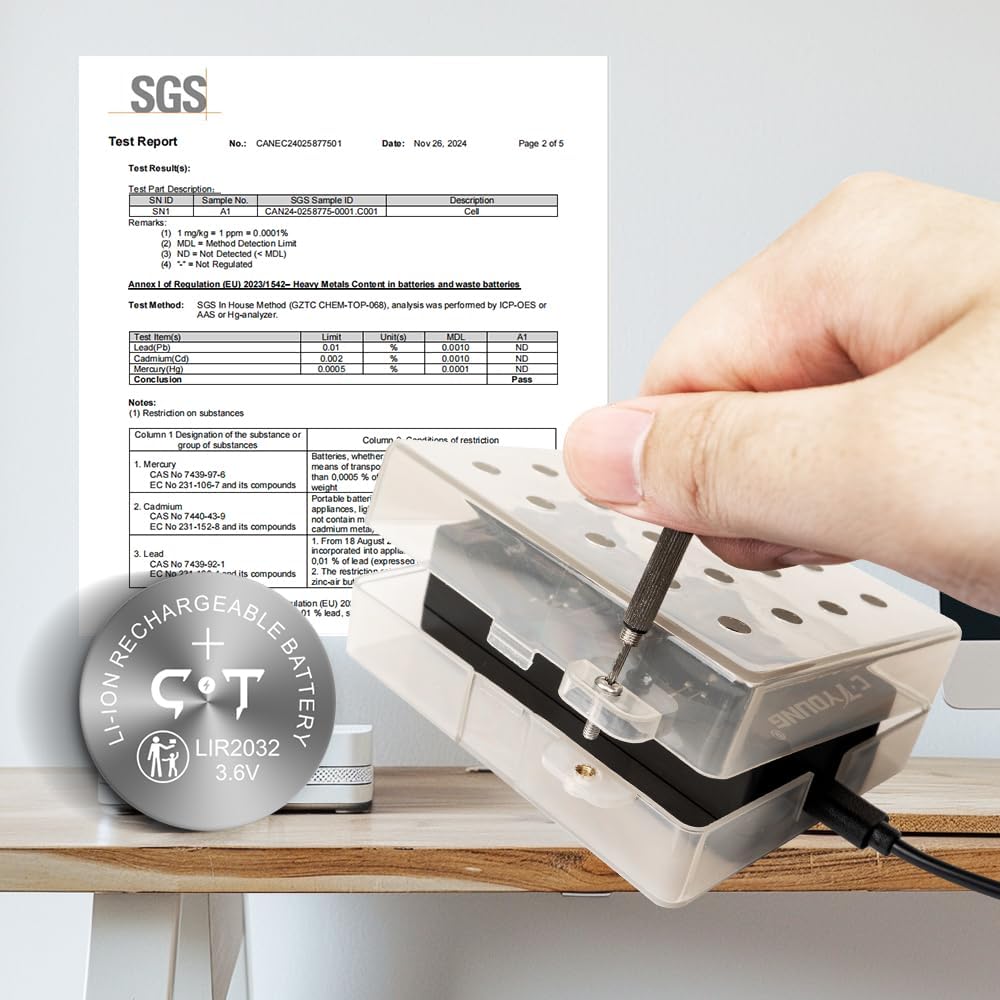 Wiederaufladbare LIR2032 3.6V Knopfzellenbatterien (6 Stück) mit Ladegerät – Ersatz für CR2032 3V- m