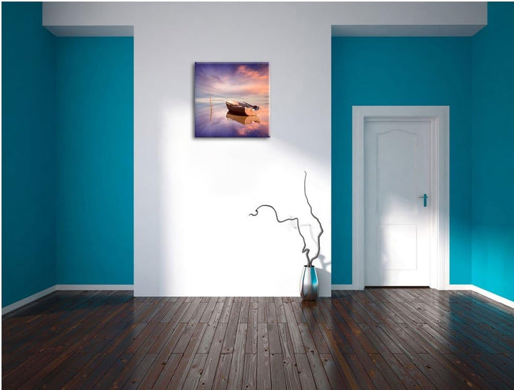 Einsames Boot auf See, Format: 70x70 auf Leinwand, XXL riesige Bilder fertig gerahmt mit Keilrahmen,