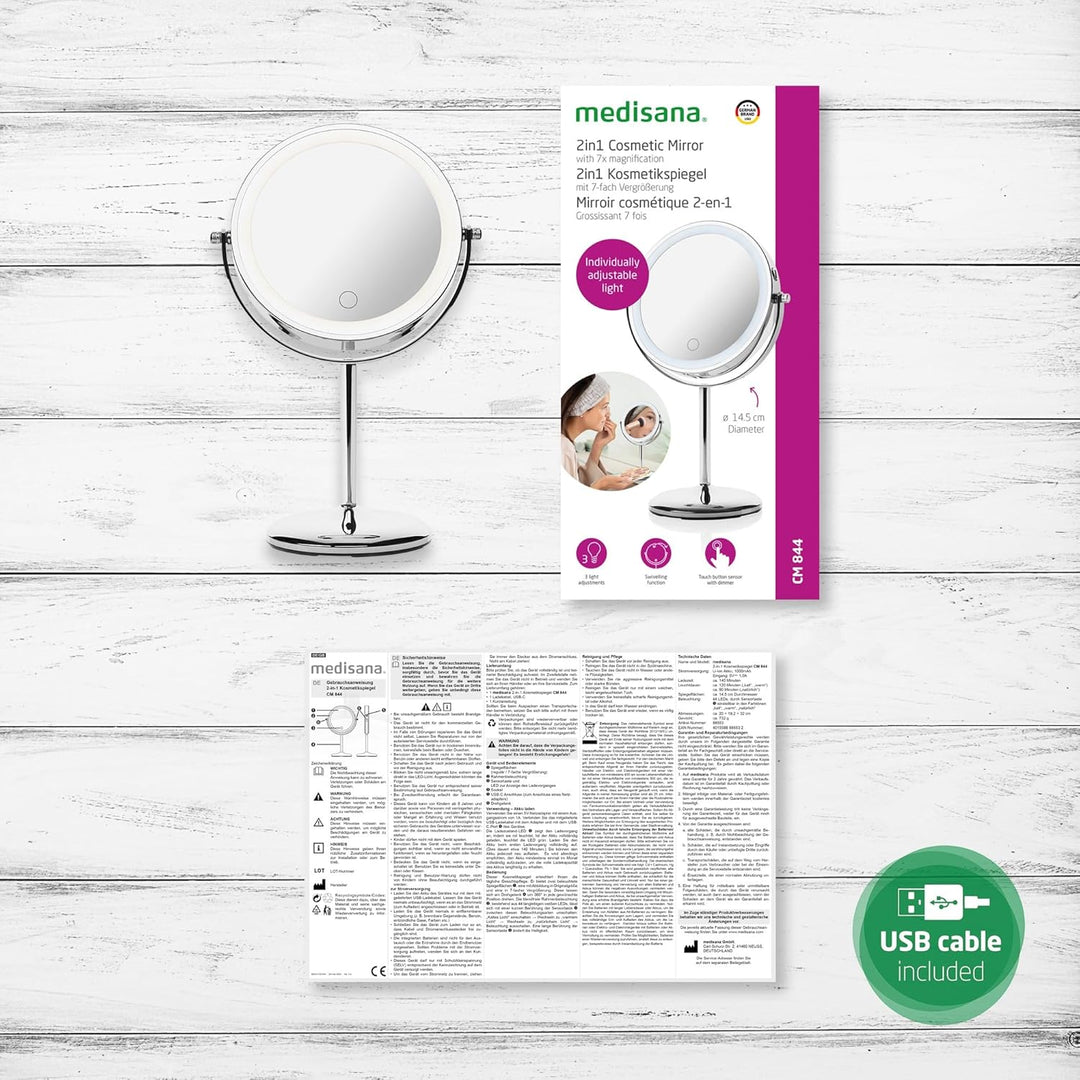 Medisana CM 844 Kosmetikspiegel mit Vergrösserung, Tischspiegel mit Beleuchtung, kabelloser Spiegel
