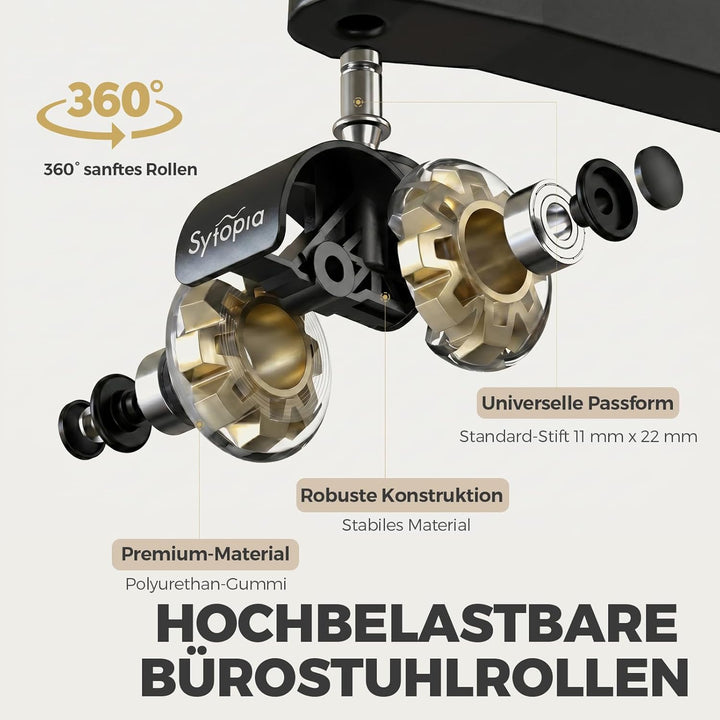 Sytopia Bürostuhl Rollen 11mm x 22 mm, 5er Set Rollen für Bürostühle, Super Leise und Weiche für Har