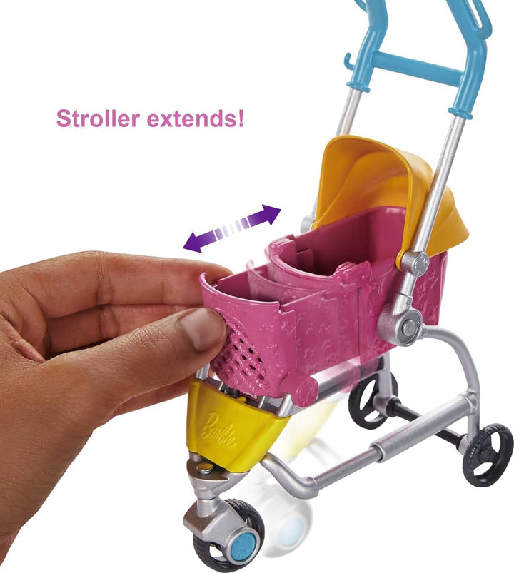 Barbie GHV93 Hundebuggy Spielset Puppe, 2 Hündchen und Wagen für die Hündchen Verschiedene Farben Si