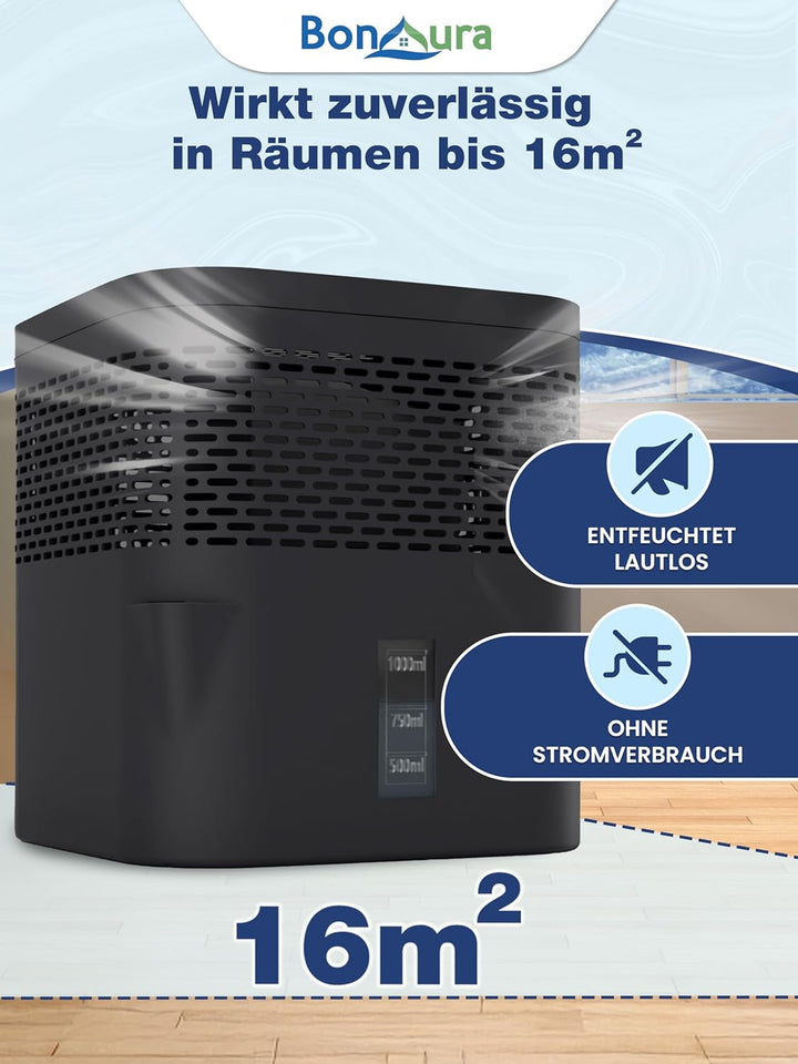 BonAura® AirOne Lite Luftentfeuchter ohne Strom mit 360° Belüftung I Raumentfeuchter mit Ausgiesser