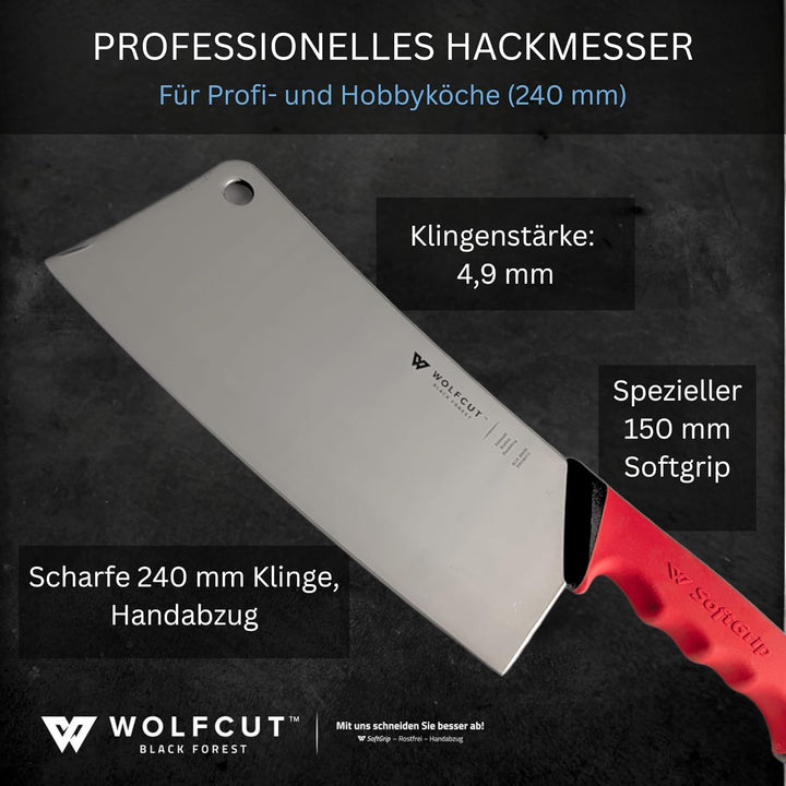 Wolfcut RED Serie - Hackmesser 24 cm Klinge, rot-schwarzem rutschfestem Griff,Premium Profi Qualität