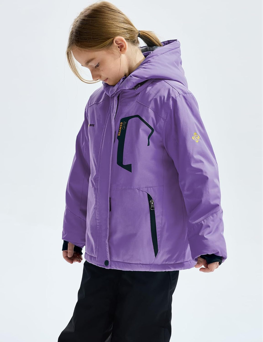 GEMYSE Mädchen Wasserdichte Skijacke Winddichte Fleece Outdoor Winterjacke Regenjacke mit Kapuze 128