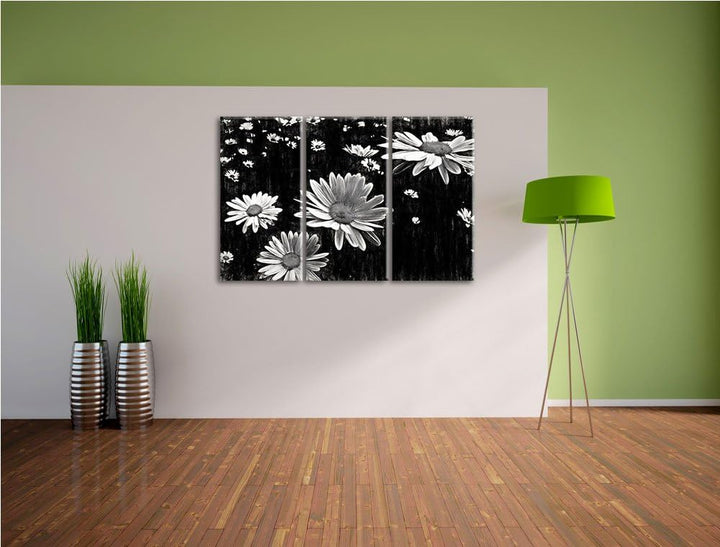 viele kleine Margariten schwarz/weiss Deluxe 3-Teiler Leinwandbild 120x80 Bild auf Leinwand, XXL rie