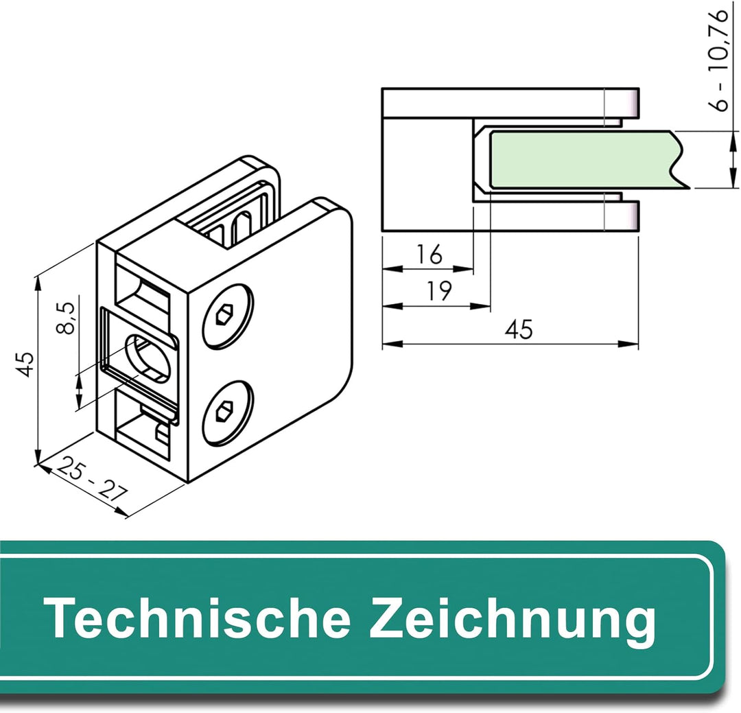PRIOstahl Glashalter Glasklemmen Klemmhalter - 4 Stück 45 x 45 x 26 mm Anschluss Flach für Glas 10,7