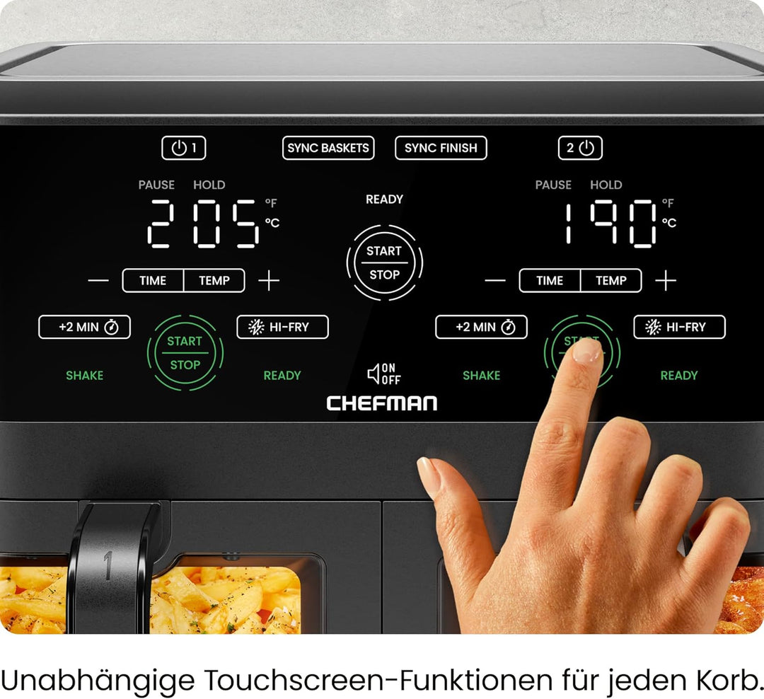 CHEFMAN 5,6 Liter Doppelkorb- Heissluftfritteuse mit Easy-View-Fenster, Sync-Finish, Hi-Fry, automat