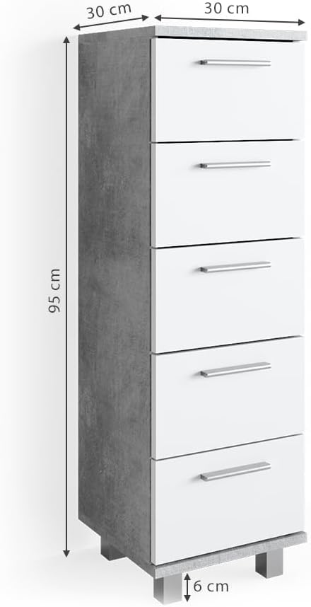 Vicco Badschrank Ilias, Beton/Weiss, 30 x 95 cm, Beton