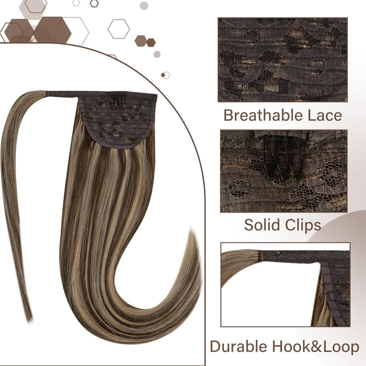 Hetto Ponytail Extension Echthaar Mittelbraun zu Warmblond Balayage 35cm 70g - Volles Pferdeschwanz