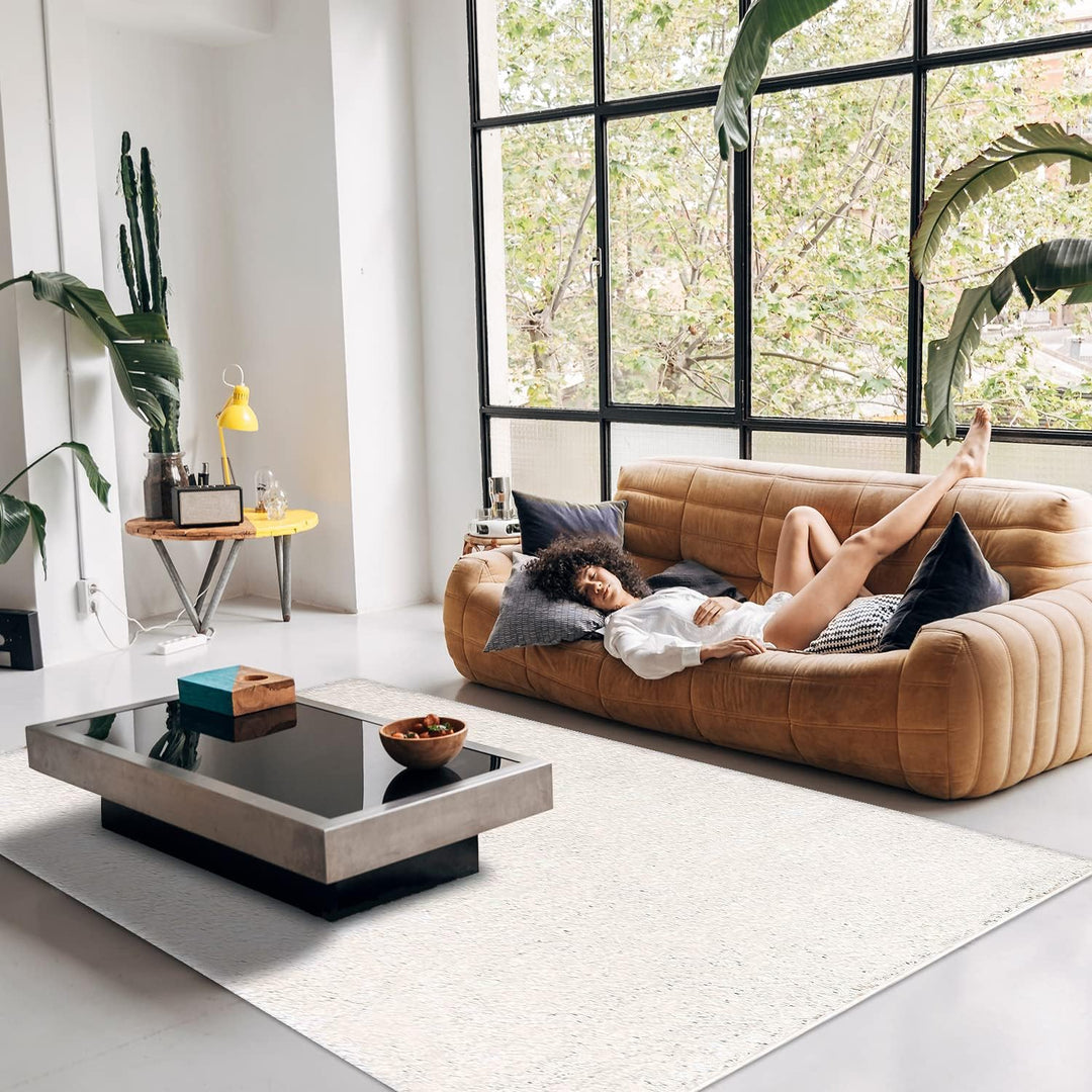 payé Teppich Wohnzimmer Hochflor Shaggy - 150x150cm - Creme Einfarbig Uni Flauschig Modern Boho Deko